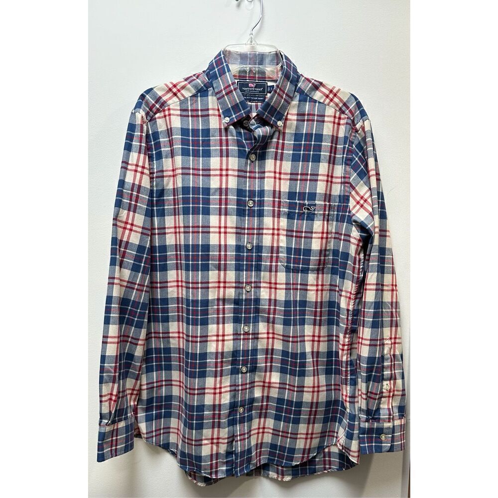 Vineyard Vines Tucker slim fit men’s red blue plaid long sleeve shirt size L #40
